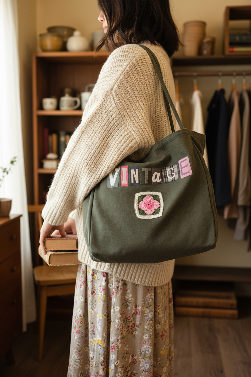 Person holding vintage canvas tote bag on their shoulder