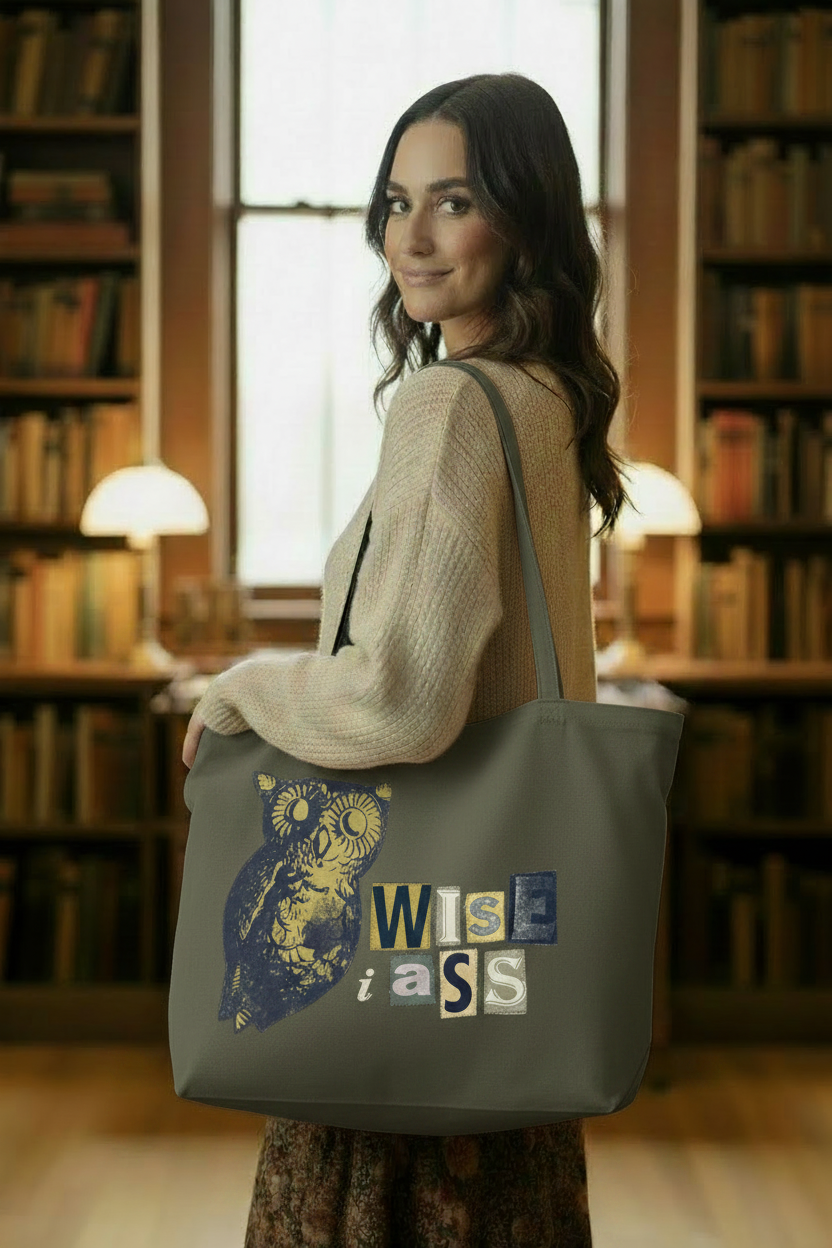 Wise Ass army green tote bag lifestyle shot — library setting