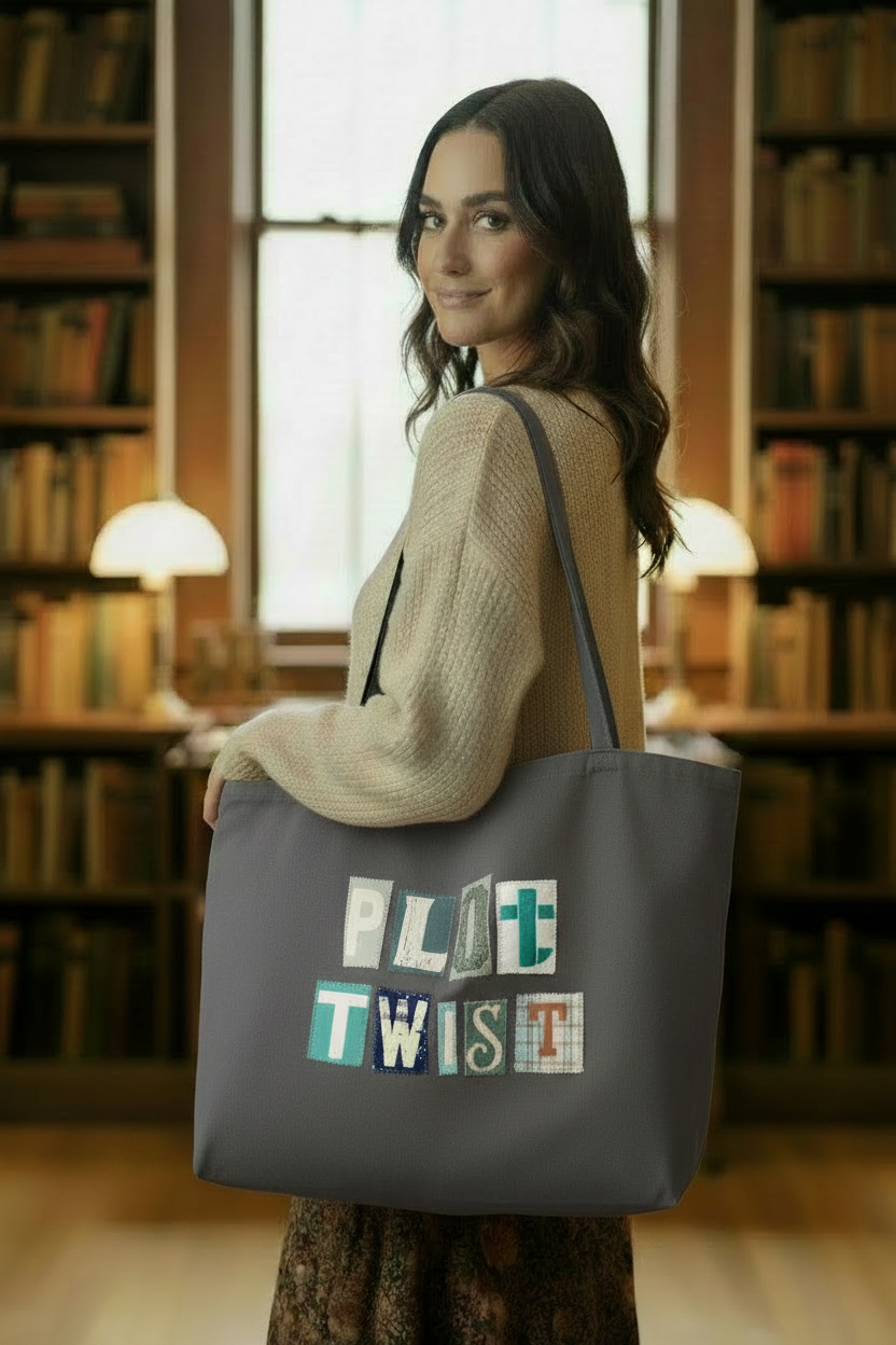 Plot Twist grey tote bag lifestyle shot — library setting