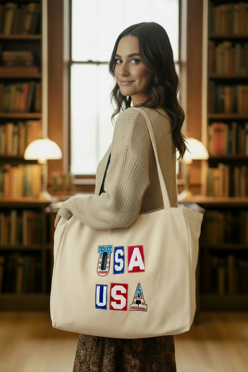 USA tote bag lifestyle shot — library setting