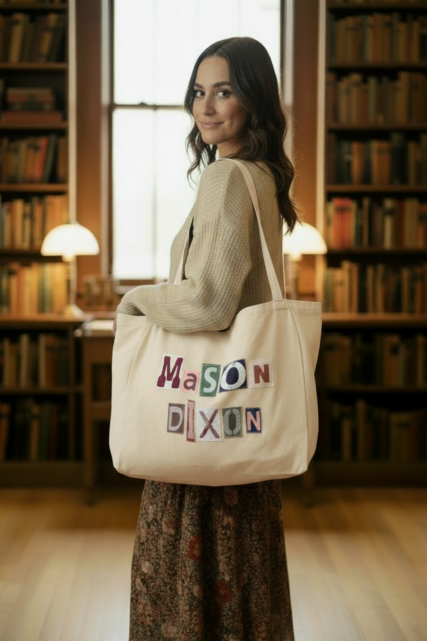 Mason Dixon tote bag lifestyle shot — library setting