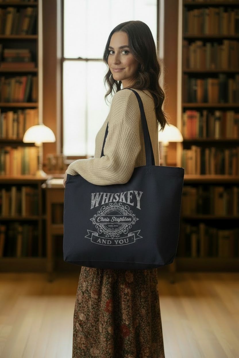 Whiskey & You tote bag lifestyle shot — library setting