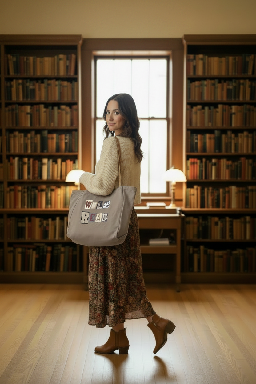 Well Read grey tote bag lifestyle shot — library setting