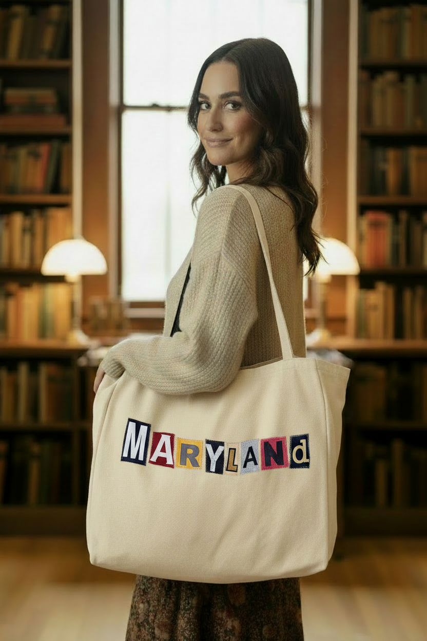 Maryland tote bag lifestyle shot — library setting